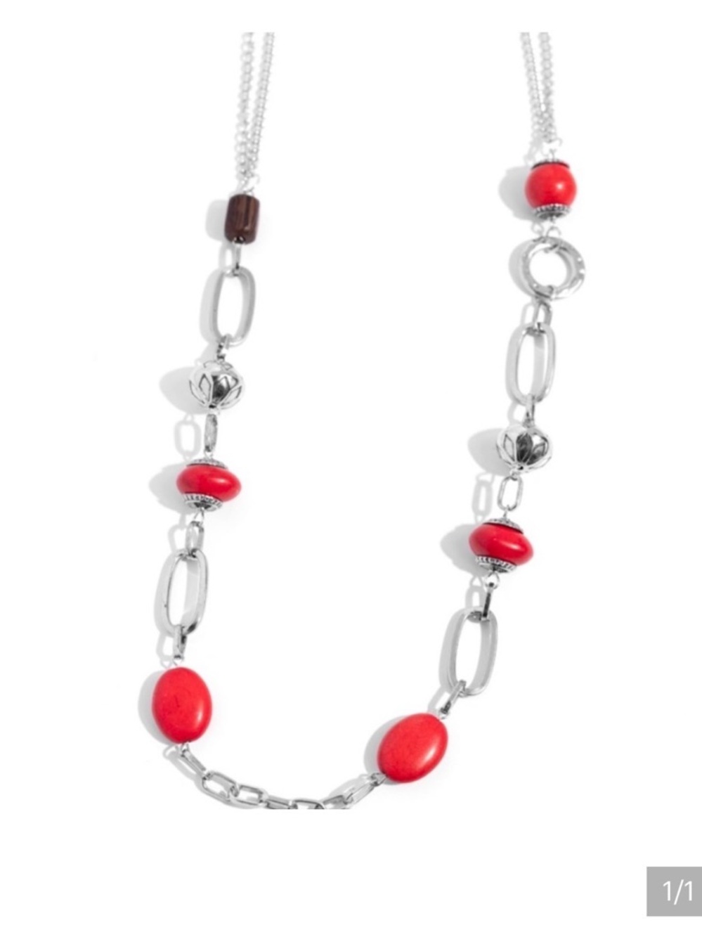 Red Bead and Silver Link Necklace and Bracelet bundle- Women Jewelry